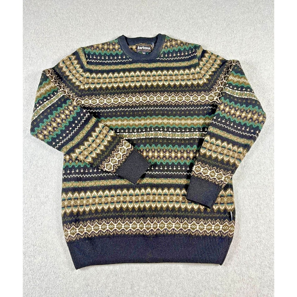 Barbour Mens Sweater M 100% Wool Fair Isle Crewneck Black Marl MKN1027BK52